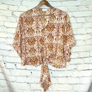 Adrienne Pink Brown Snakeskin V-Neck Tie At Front Top Size M Excellent Condition